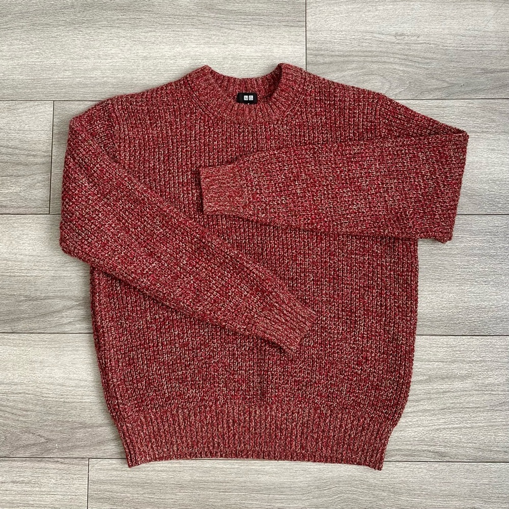 Uniqlo Red Burgundy Marled Wool Blend Chunky Knit Crewneck Sweater Pullover